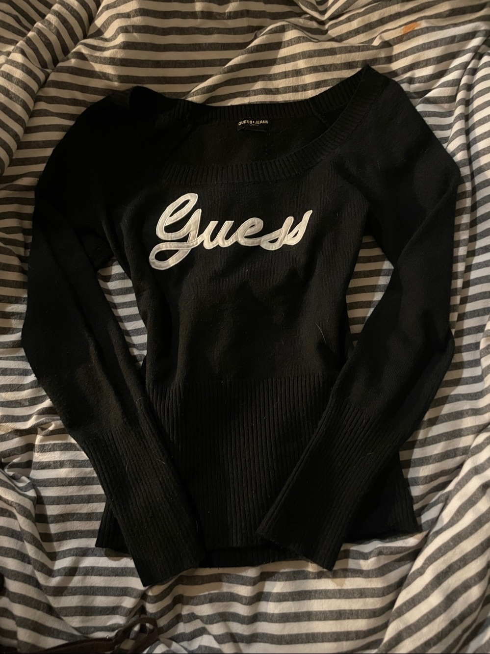Guess Black Off-the-Shoulder Logo Knit Sweater